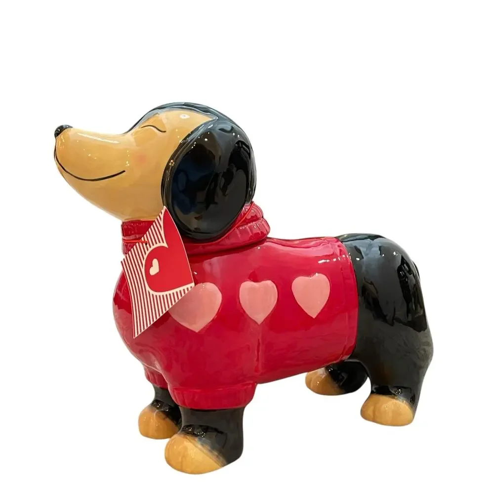 NEW Valentine's Dog Dachshund Cookie Jar Red Sweater Pink Hearts Hand Painted